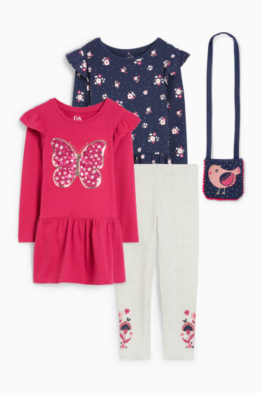 Kinder - Set - 2 Kleider, Leggings und Tasche - 4 teilig - dunkelblau