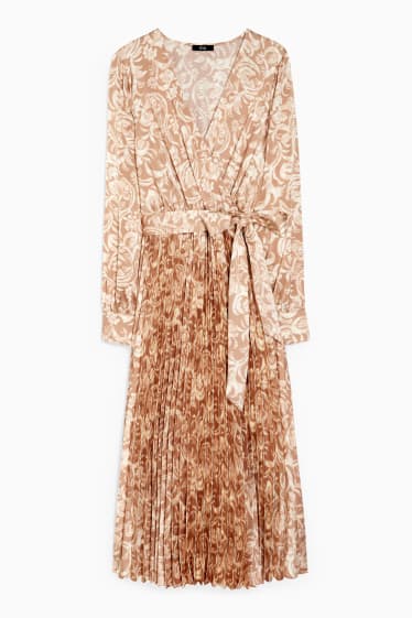 Women - Wrap dress - pleated - patterned - light beige