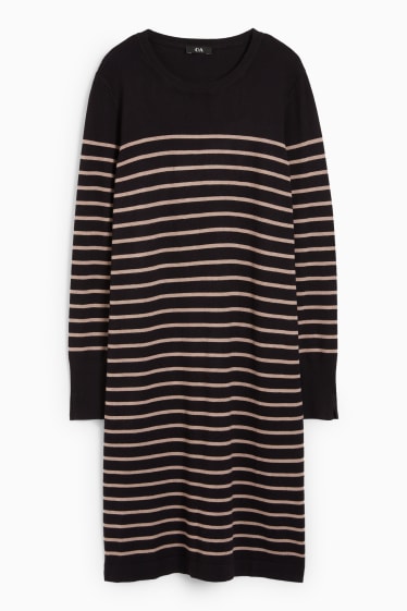 Women - Basic knitted dress - striped - black / beige