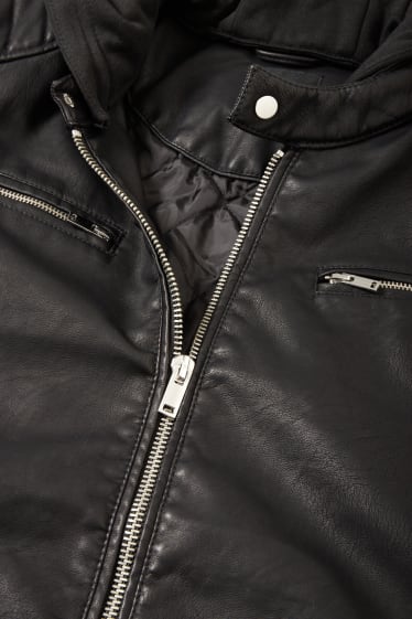 Uomo - Giacca motociclista con cappuccio - similpelle - nero