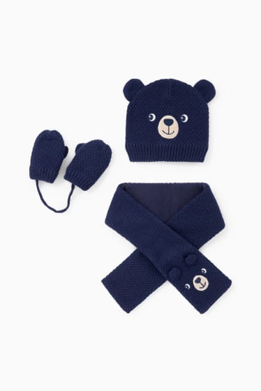 Bébés - Ensemble - bonnet, écharpe et moufles bébé - 3 pièces - bleu foncé