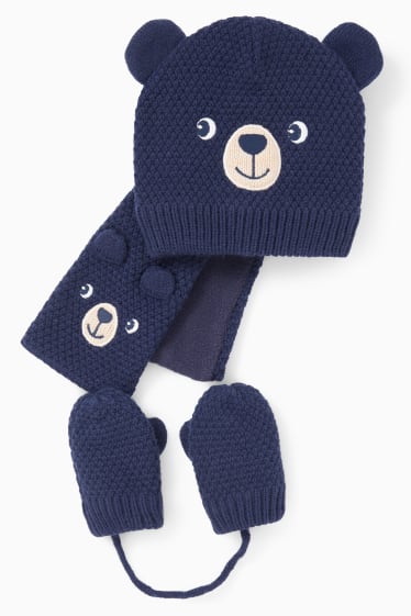 Bébés - Ensemble - bonnet, écharpe et moufles bébé - 3 pièces - bleu foncé