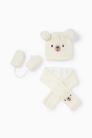 Bébés - Ensemble - bonnet, écharpe et moufles bébé - 3 pièces - blanc crème