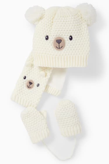 Bébés - Ensemble - bonnet, écharpe et moufles bébé - 3 pièces - blanc crème