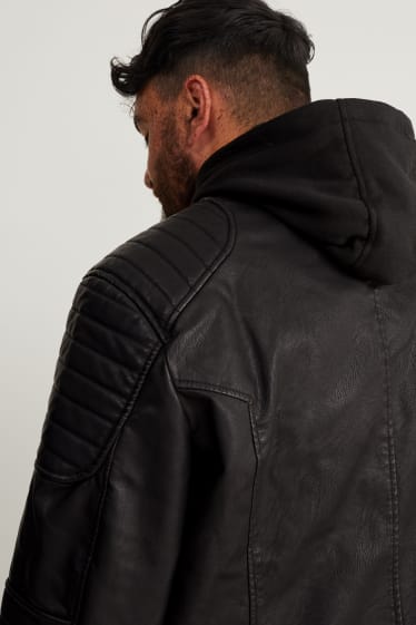Uomo - Giacca motociclista con cappuccio - similpelle - nero