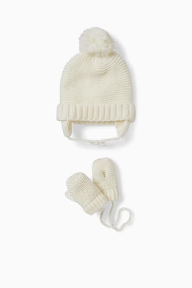 Neonati - Set - berretto e muffole per neonati - 2 pezzi - bianco crema