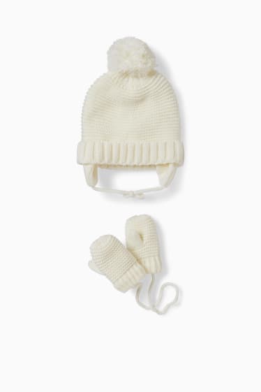 Babys - Set - Baby-Mütze und -Fäustlinge - 2 teilig - cremeweiss