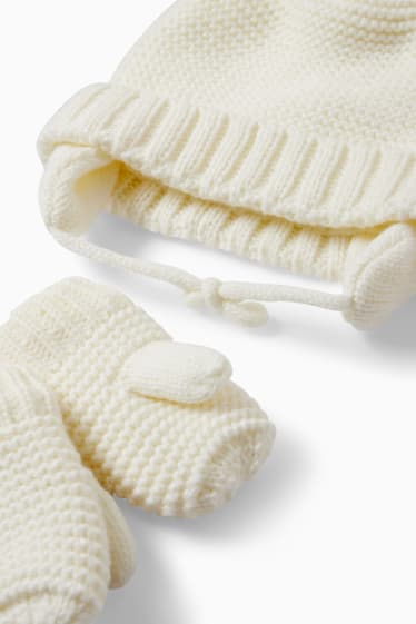 Bébés - Ensemble - bonnet et moufles pour bébé - 2 pièces - blanc crème