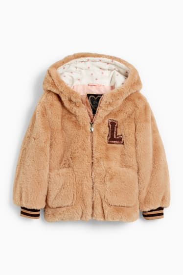 Kinder - Kunstfell-Jacke mit Kapuze - hellbeige