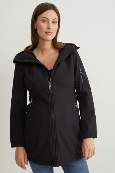 Dámské - Těhotenská softshellová bunda s kapucí - nosící - černá