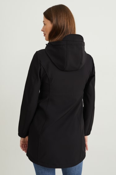 Women - Maternity softshell jacket with hood and baby pouch - black