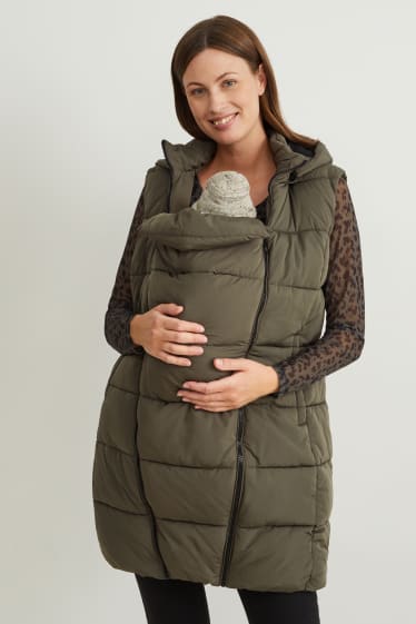 Women - Maternity quilted gilet with hood and baby pouch - dark green