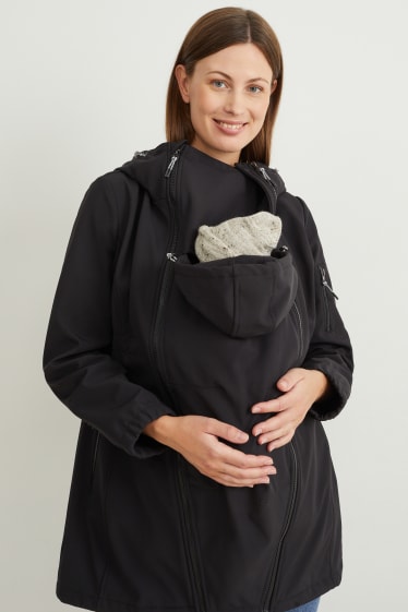 Dámské - Těhotenská softshellová bunda s kapucí - nosící - černá