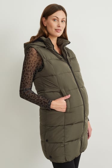 Women - Maternity quilted gilet with hood and baby pouch - dark green