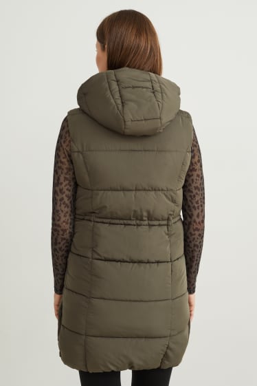 Dámské - Těhotenská prošívaná vesta s kapucí - nosící - tmavozelená