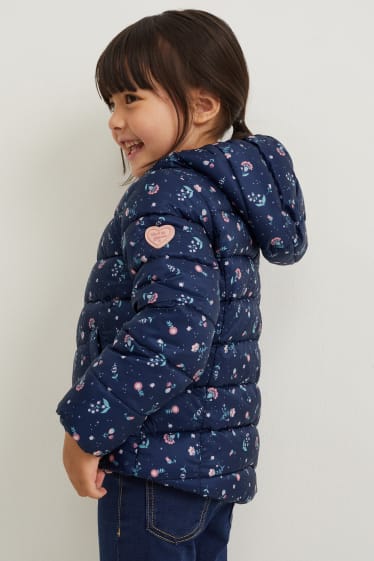 Kinder Mädchen - Steppjacke mit Kapuze - wasserabweisend - geblümt - dunkelblau