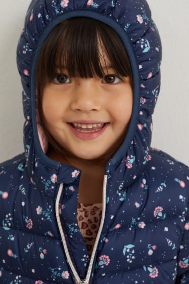 Kinder Mädchen - Steppjacke mit Kapuze - wasserabweisend - geblümt - dunkelblau