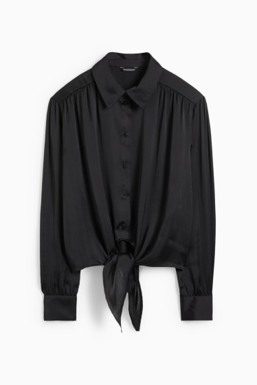 Tieners & jongvolwassenen - CLOCKHOUSE - satijnen blouse met knoop in de stof - zwart