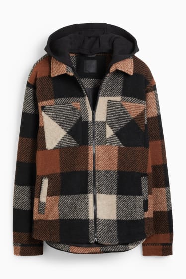 Hommes - Veste-chemise à capuche - à carreaux - marron