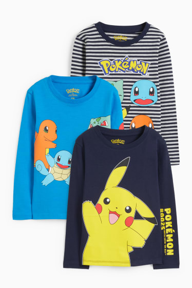 Bambini - Confezione da 3 - Pokémon - maglia a maniche lunghe - blu scuro