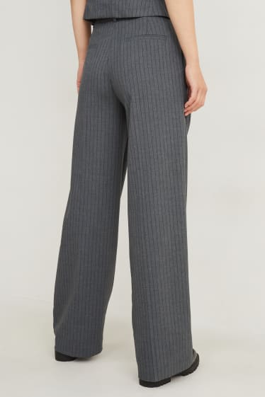 Donna - Pantaloni di stoffa - vita alta - gamba ampia - gessato - grigio scuro