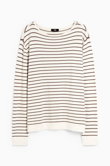 Femei - Pulover basic - cu dungi - maro / alb-crem