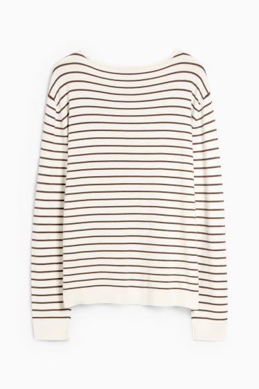 Femei - Pulover basic - cu dungi - maro / alb-crem