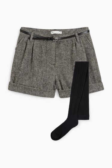 Kinder - Set - Shorts mit Gürtel und Strumpfhose - 2 teilig - schwarz