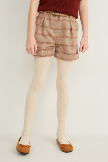 Dětské - Souprava - šortky s páskem a punčochové kalhoty - 3dílná - světle hnědá