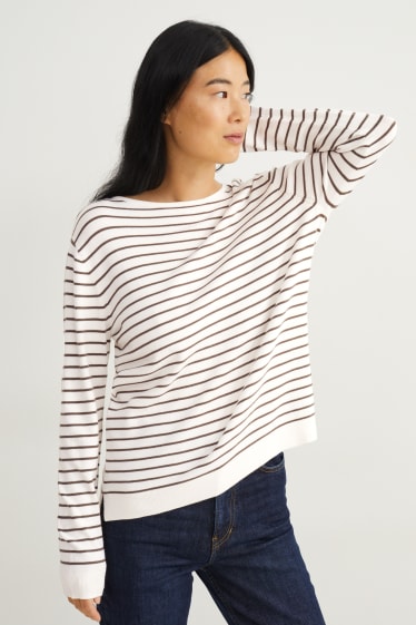Femei - Pulover basic - cu dungi - maro / alb-crem