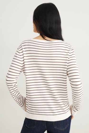 Femei - Pulover basic - cu dungi - maro / alb-crem