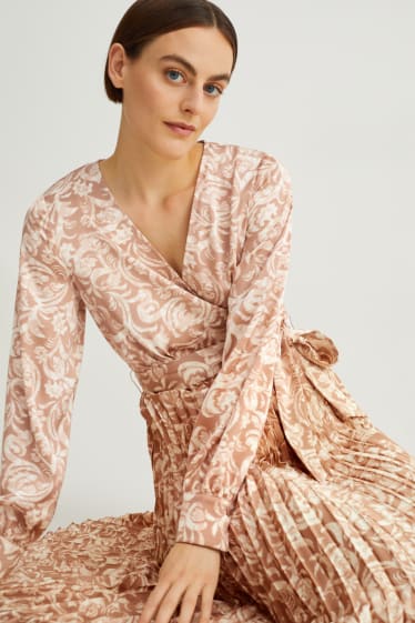 Femmes - Robe croisée - plissée - à motif - beige clair