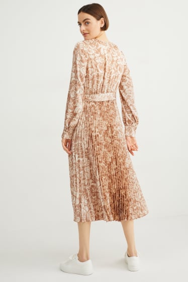 Women - Wrap dress - pleated - patterned - light beige