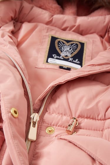 Kinderen: meisjes - Gewatteerde jas met capuchon en imitatiebontrandje - roze