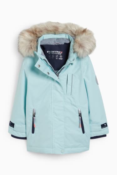 Kinder Mädchen - Regenjacke mit Kapuze und Kunstfellbesatz - wasserdicht - mintgrün