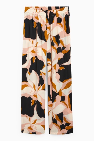 Dámské - Saténové pyžamové kalhoty - s květinovým vzorem - růžová