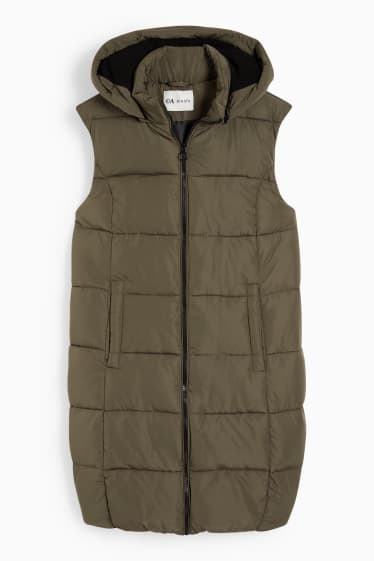 Dámské - Těhotenská prošívaná vesta s kapucí - nosící - tmavozelená