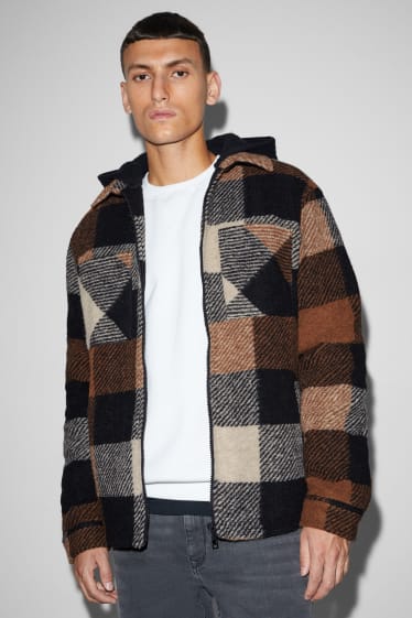Hommes - Veste-chemise à capuche - à carreaux - marron