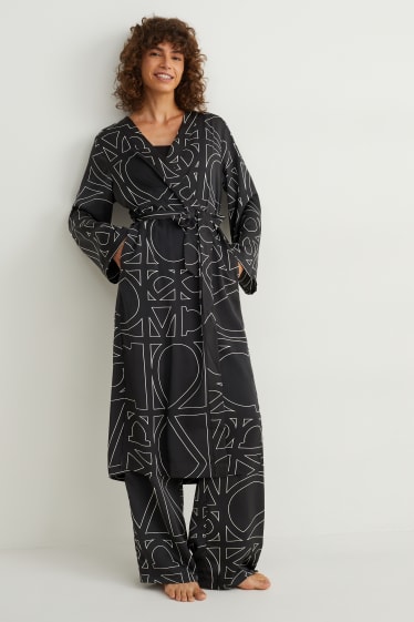 Women - Satin dressing gown - patterned - black
