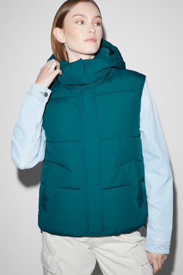 Dames - CLOCKHOUSE - gewatteerde bodywarmer met capuchon - donkerturquoise