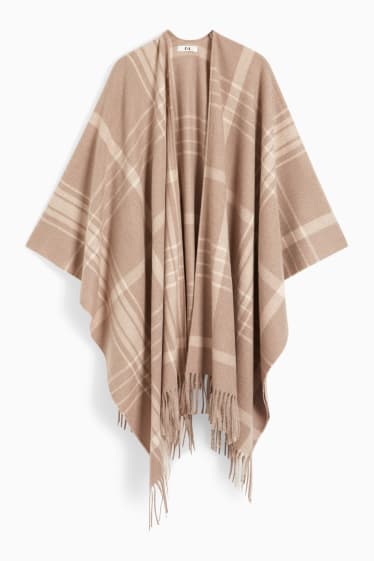 Dames - Poncho - geruit - beige