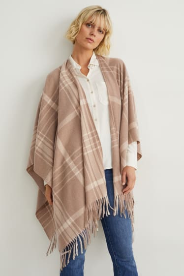 Dames - Poncho - geruit - beige