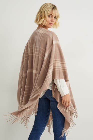 Dames - Poncho - geruit - beige