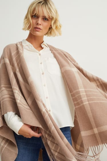 Dames - Poncho - geruit - beige