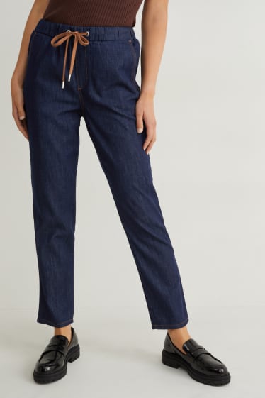 Femmes - Pantalon de toile - super high waist - tapered fit - jog denim - jean bleu foncé