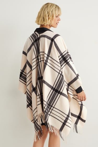 Dames - Poncho - geruit - beige