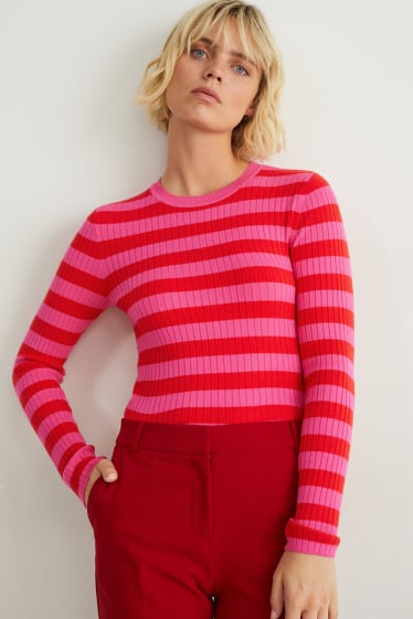 Femmes - Pullover - à rayures - rose / rouge