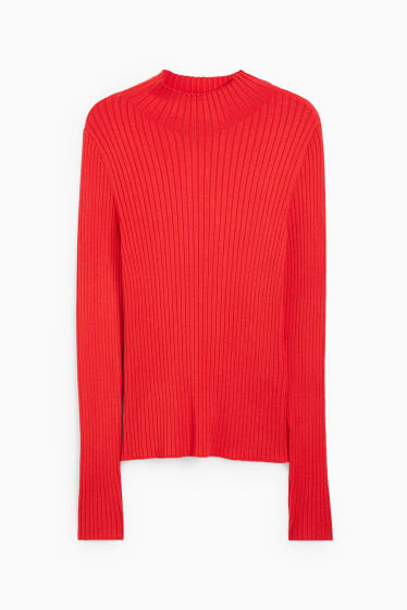 Damen - Pullover mit Stehkragen - gerippt - rot