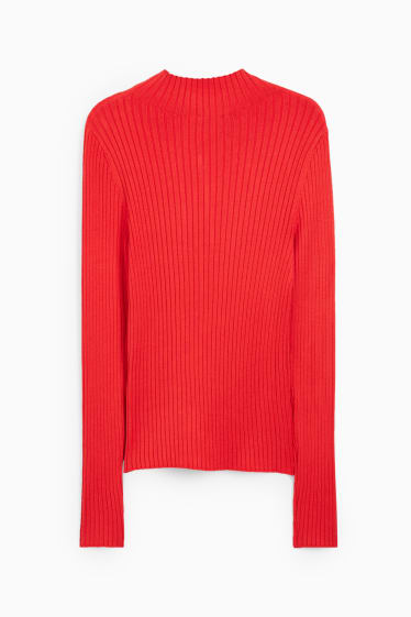 Femmes - Pullover avec encolure montante - côtelé - rouge