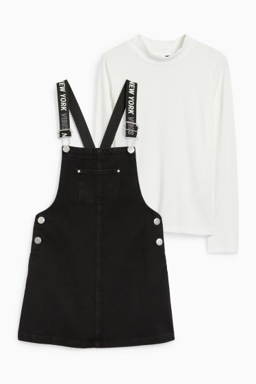 Dzieci - Komplet - dżinsowa sukienka-ogrodniczka i koszulka z długim rękawem - 2 części - czarny